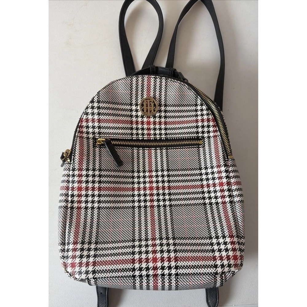 Tommy Hilfiger Women's Black And Red Plaid Backpack Monogram Printed Logo